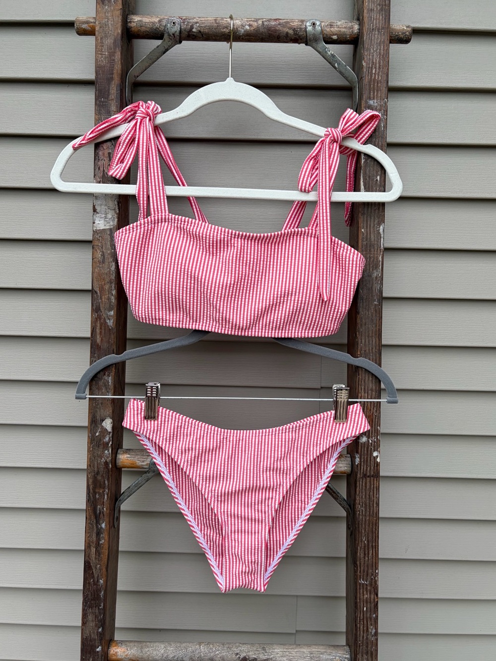 SHEIN Red & White small Striped Bikini Top with Tie Straps & bottoms